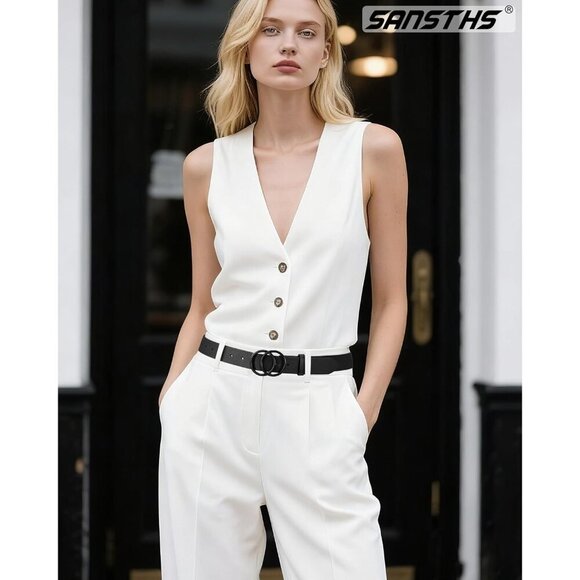 Women\'s Leather Belt Jeans Pants Fashion Waist Belt Ring Buckle All Black Belt main image 4